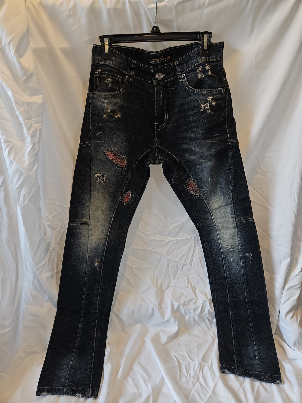 Dark Wash Skinny Jeans with Red Patch Accents